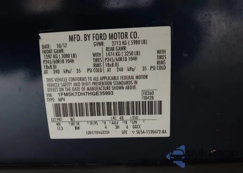 2017 Ford Explorer Xlt from USA, damaged, VIN 1FM5K7DH7HGE35993